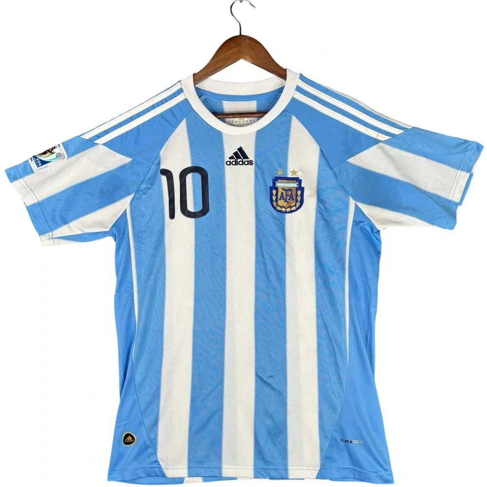 Adidas Argentina 2010 World Cup Messi Jersey Blue White Striped Mens Fan Jersey